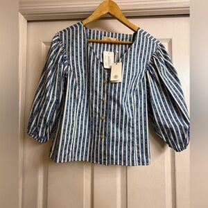 Tory Burch Navy and White Striped Blouse Size 8 100% Cotton